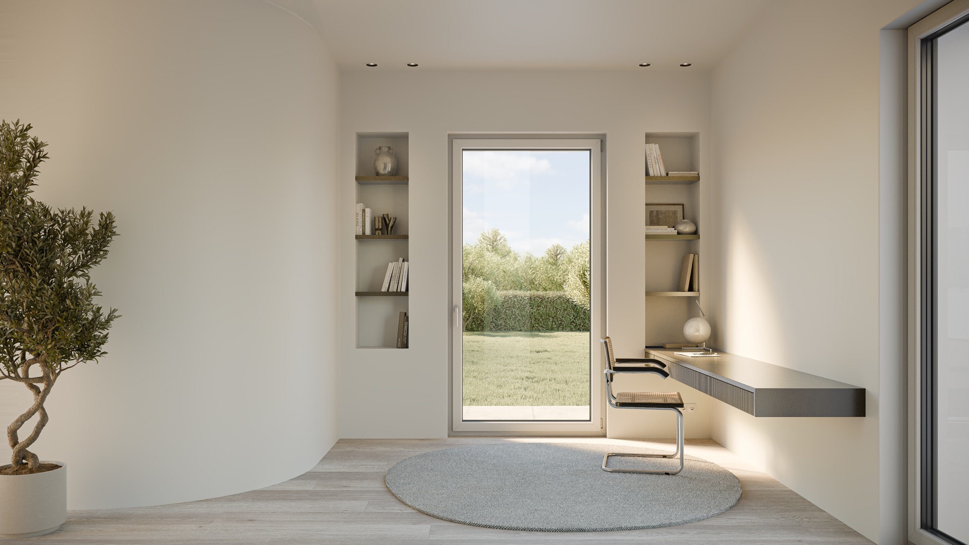 Lichtdurchfluteter Wohnraum mit Blick durch ein modernes Fenster